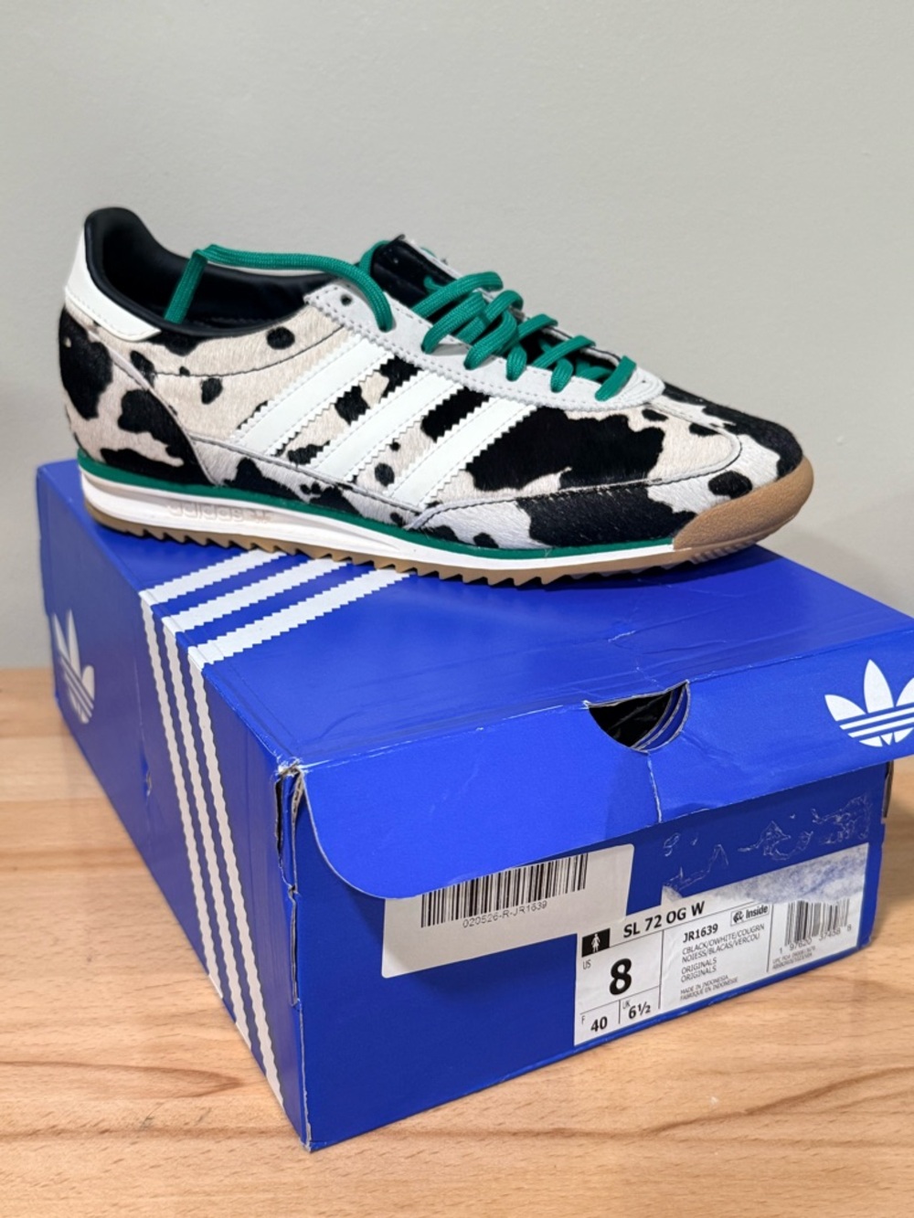 adidas SL 72 OG Cow Print Sneaker - White/Black with Green Laces